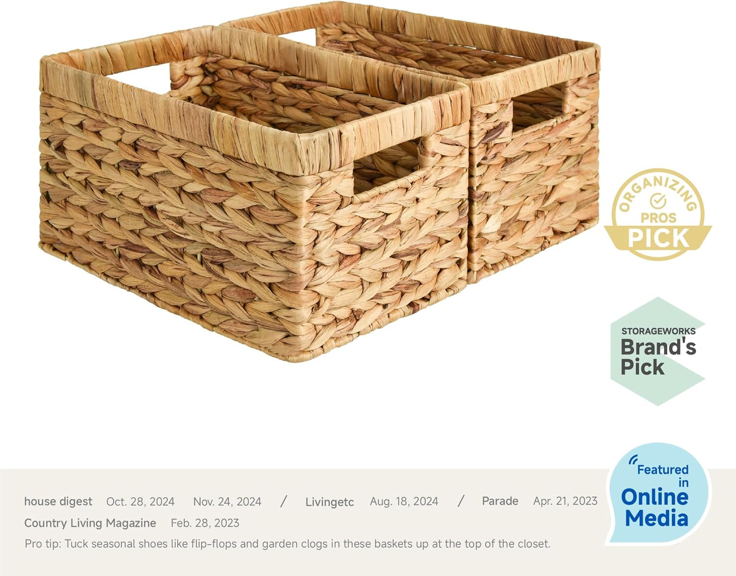 Wicker Storage Baskets for Shelves, Large Shelf Baskets with Handles, Rectangular Wicker Storage Boxes, Woven Basket for Organising Pantry Bathroom, Natural Water Hyacinth, 2-Pack