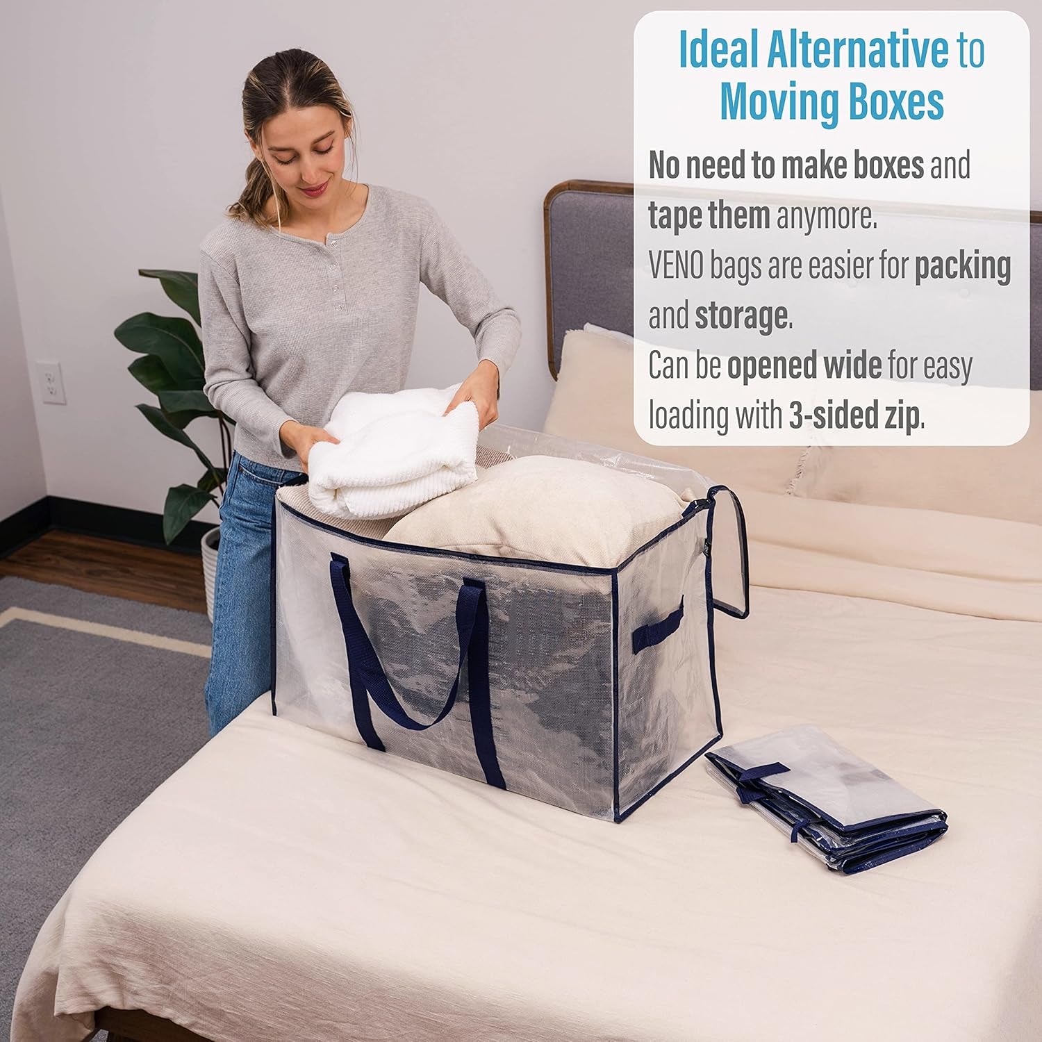 8 Pack Extra Large Moving Storage Bags with Zips, Heavy-Duty Organizer Tote, Moving Box Alternative, Packing Supply, Clothes Storage Bin, Tag Pocket for Label, Water-Resistant (Clear, 8 Pack)