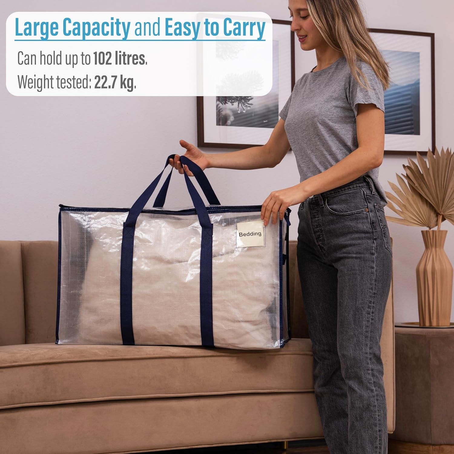 8 Pack Extra Large Moving Storage Bags with Zips, Heavy-Duty Organizer Tote, Moving Box Alternative, Packing Supply, Clothes Storage Bin, Tag Pocket for Label, Water-Resistant (Clear, 8 Pack)